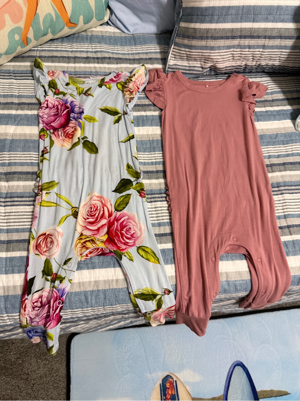 Posh Peanut Floral Blue & Dusty Rose Ruffle Shoulder One-Piece Bodysuits